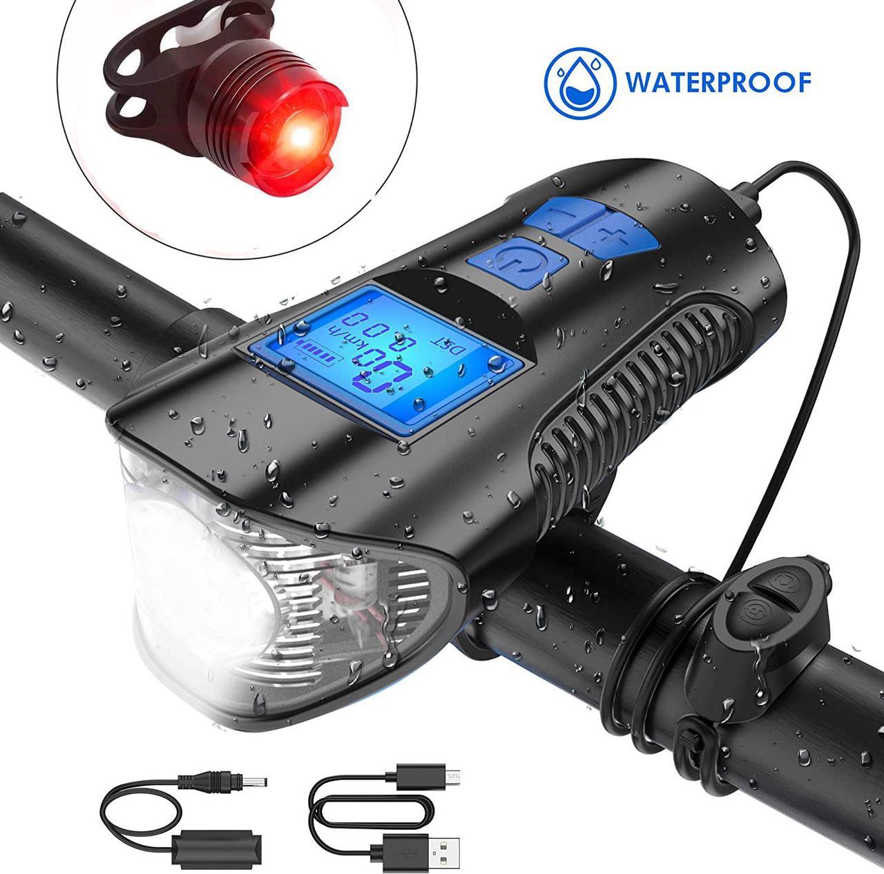 Bicycle Light with LCD Speedometer Odometer, Rechargeable Bike Lights Front and Back, 350 Lumens Bike Headlight + 120 Lumens Rear/Tail Bike Light Set, for Road Bike, Mountain Bike, Men, Women, Kids