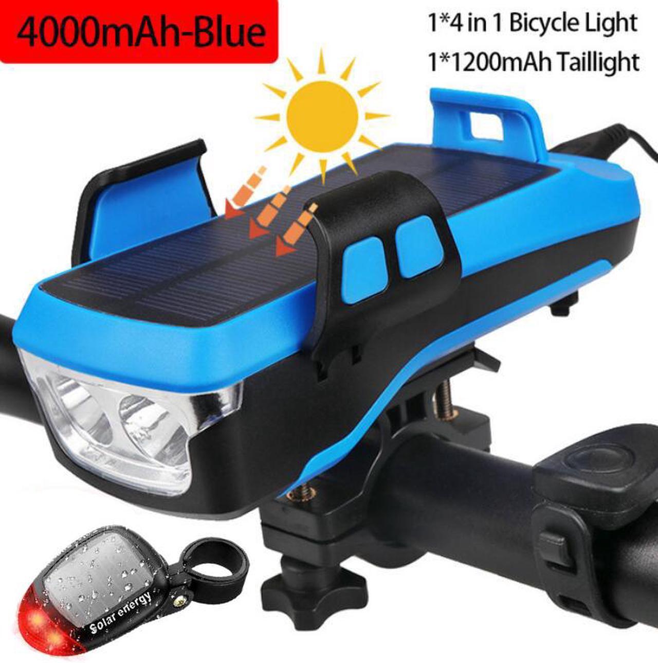 Bike Light with Solar USB Rechargeable 4000mAh 800Lumens, 3 Light Modes, with Tail Light, Bicycle Light Installs in Seconds Without Tools, Powerful Bike Headlight , Front & Back Illumination