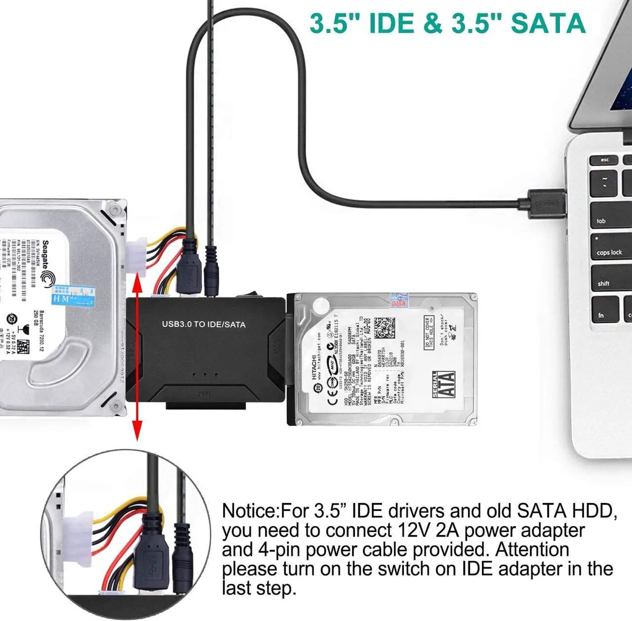 Alt view image 6 of 7 - SATA/IDE to USB 3.0 Adapter, SATA/IDE Hard Drive Adapter for Universal 2.5"/3.5" Inch IDE and SATA External HDD/SSD, Support 6TB