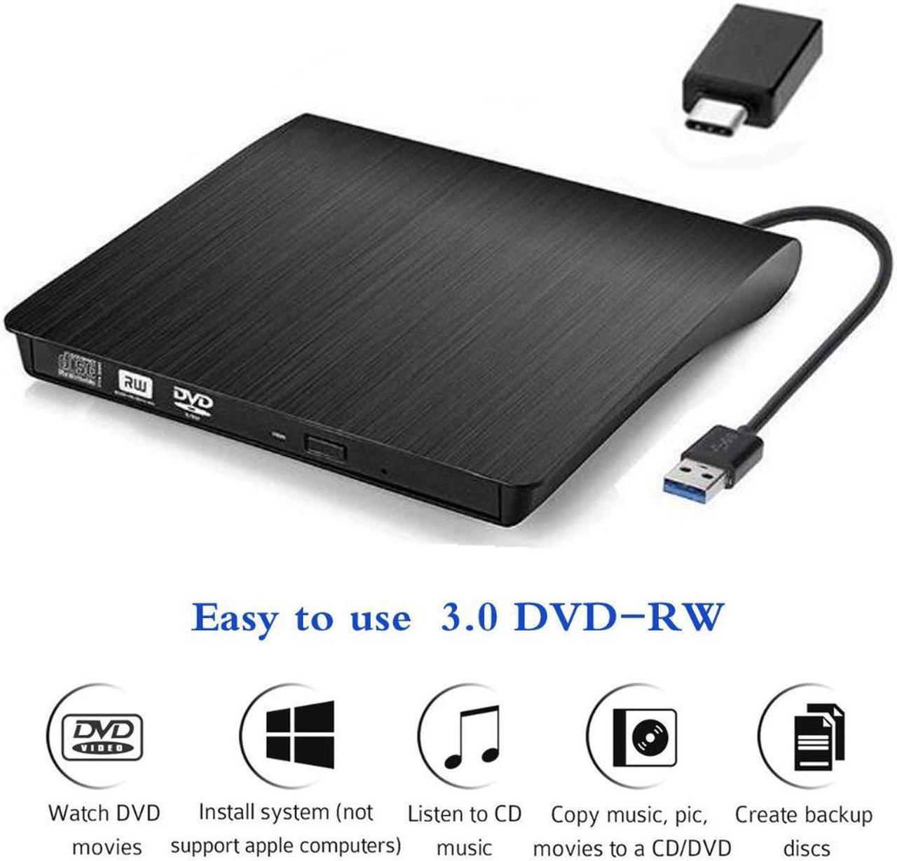 External CD DVD Drive USB 3.0 Type-C Portable DVD/CD ROM +/-RW Drive Burner Rewriter for Windows Linux Mac Laptop Desktop, MacBook Pro/ Air, iMac -Black