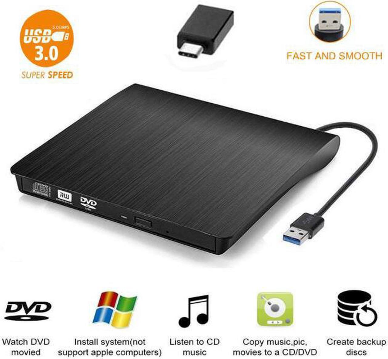 ESTONE External CD Drive, USB 3.0 Portable CD DVD +/-RW Drive with OTG type adapter DVD/CD ROM Rewriter Burner Writer Compatible with Laptop Desktop PC Windows Mac Pro MacBook-Black