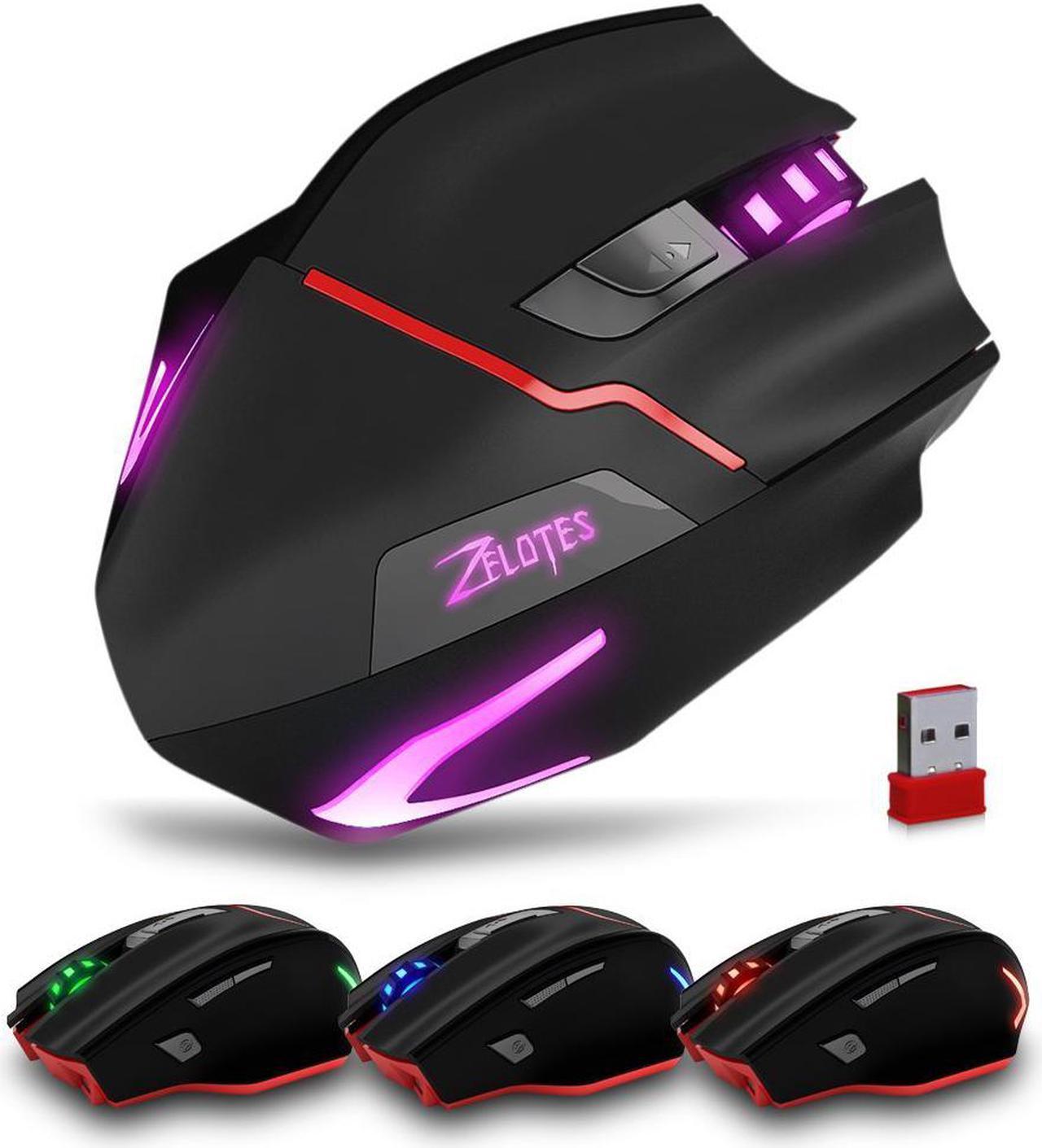 Zelotes F-18 Dual-Mode Wired/Wireless Rechargeable MMO Gaming Mouse with USB Receiver, 7 Buttons, 3200DPI 6 Adjustable DPI Levels, Cool LED lights, PC Game Mice For Pro Game Notebook Laptop Computer