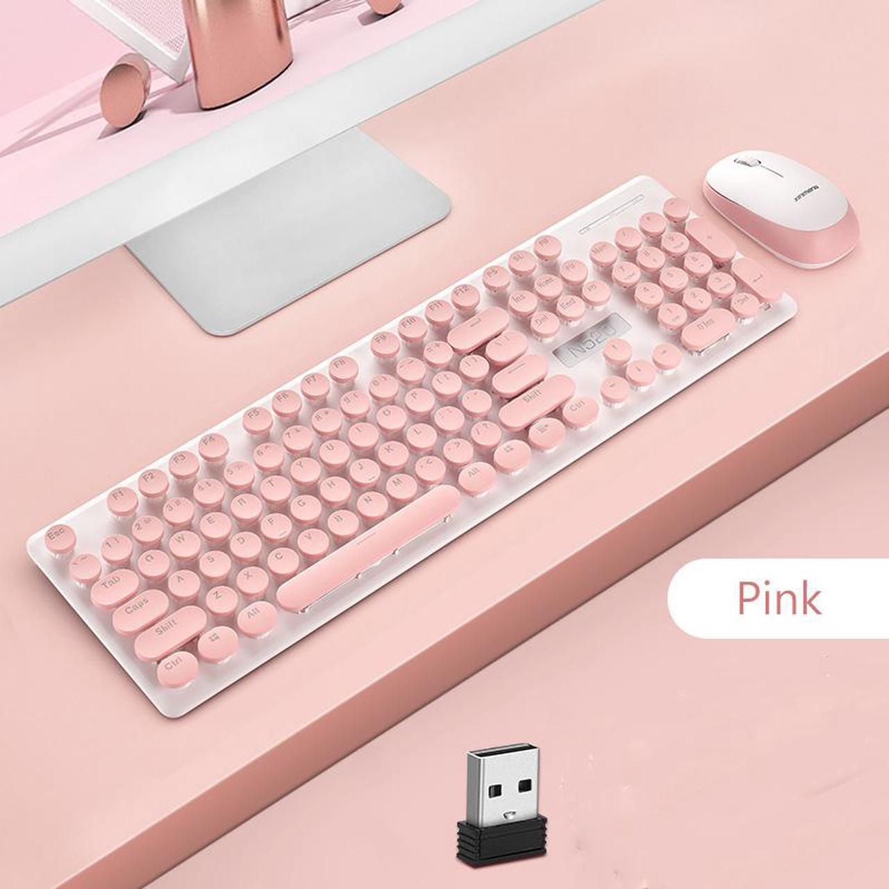 ESTONE N520 Mute Wireless Keyboard and Mouse, 2.4GHz Ultra Thin Full Size Mute Wireless Keyboard Mouse Combo Set with Number Pad for Computer, Laptop, PC, Desktop, Notebook, Windows 7, 8, 10-(Pink)