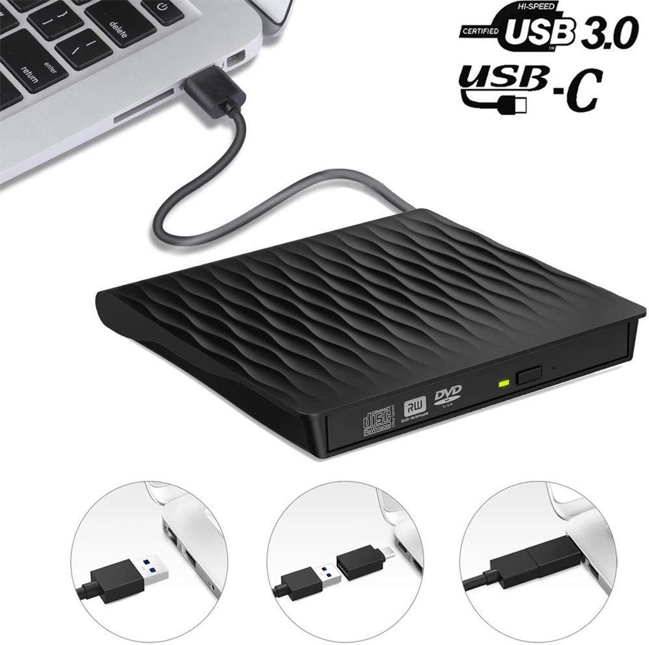 ESTONE External CD DVD Drive USB 3.0 and Type-C Portable CD/DVD Player for Laptop CD Drive Reader Writer Burner Compatible with Laptop Desktop PC Windows Linux Apple Mac Black