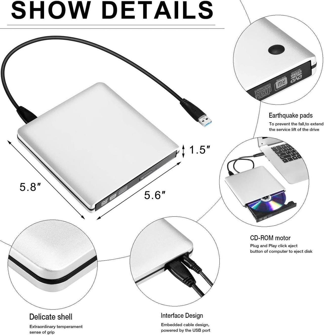 Alt view image 4 of 7 - ESTONE Aluminum External CD Drive Type C USB 3.0 Portable CD DVD +/-RW Drive Slim DVD/CD ROM Rewriter Burner Writer Compatible with Laptop Desktop PC Windows Linux OS Apple Mac Silver