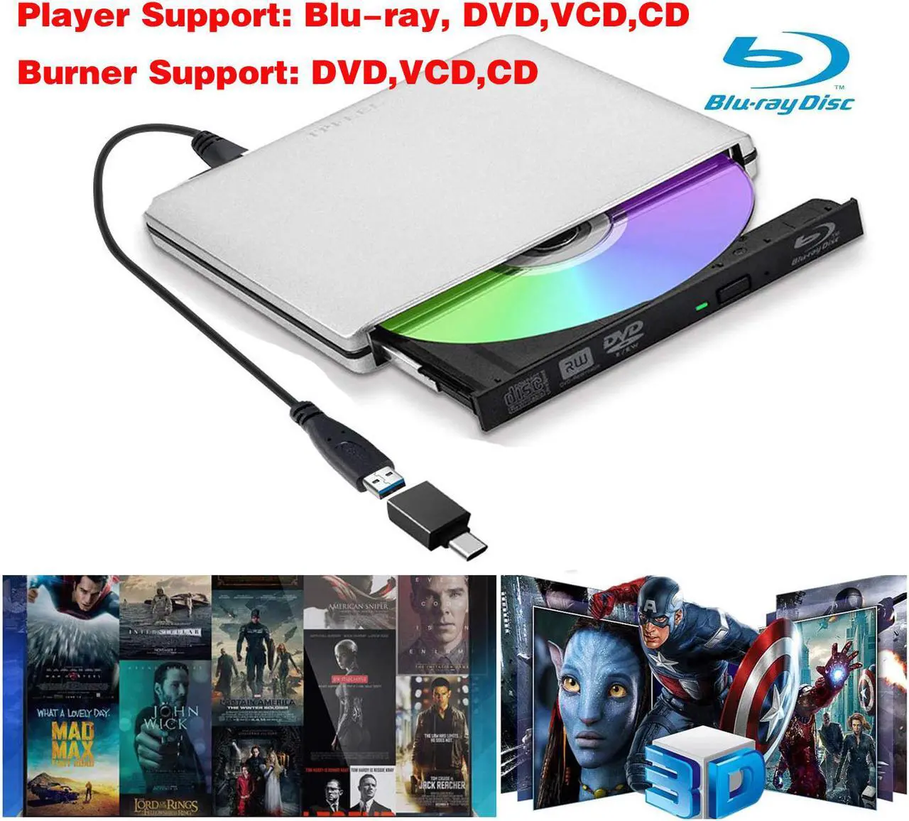 Alt view image 3 of 7 - ESTONE Aluminum External Blu-Ray DVD Drive for Laptop, USB 3.0 Portable Optical Slim CD/DVD Burner Blu-Ray Player RW Drive For Desktop PC Windows XP/ 2003/ Vista/ 7/8, Linux, Mac os System, Silver