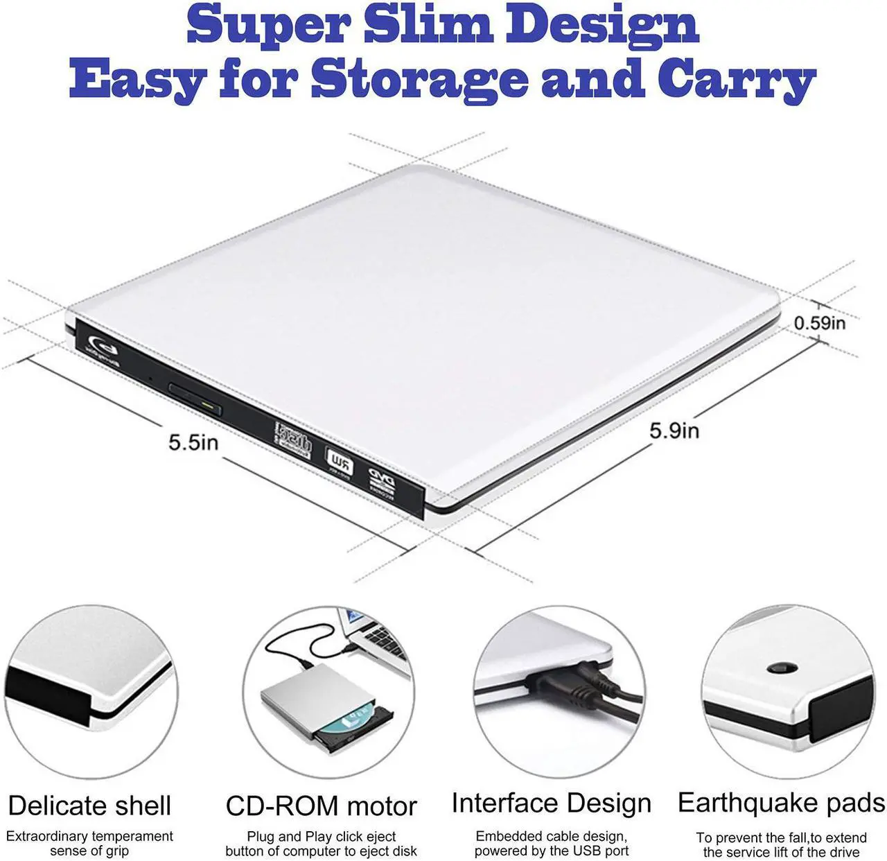 Alt view image 6 of 7 - ESTONE Aluminum External Blu-Ray DVD Drive for Laptop, USB 3.0 Portable Optical Slim CD/DVD Burner Blu-Ray Player RW Drive For Desktop PC Windows XP/ 2003/ Vista/ 7/8, Linux, Mac os System, Silver