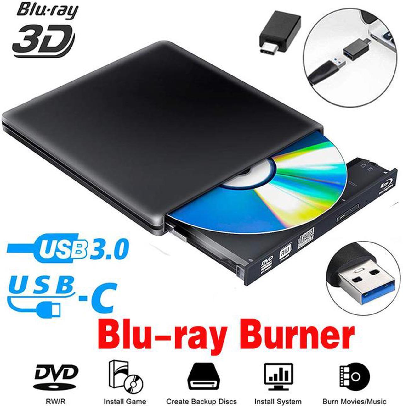 Aluminum External Blu-Ray Burner Player Drive USB 3.0/USB-C CD Burner CD/DVD +/-RW Optical Drive, Portable DVD CD ROM Rewriter Writer Duplicator for Laptop Desktop PC Windows MacBook, Black