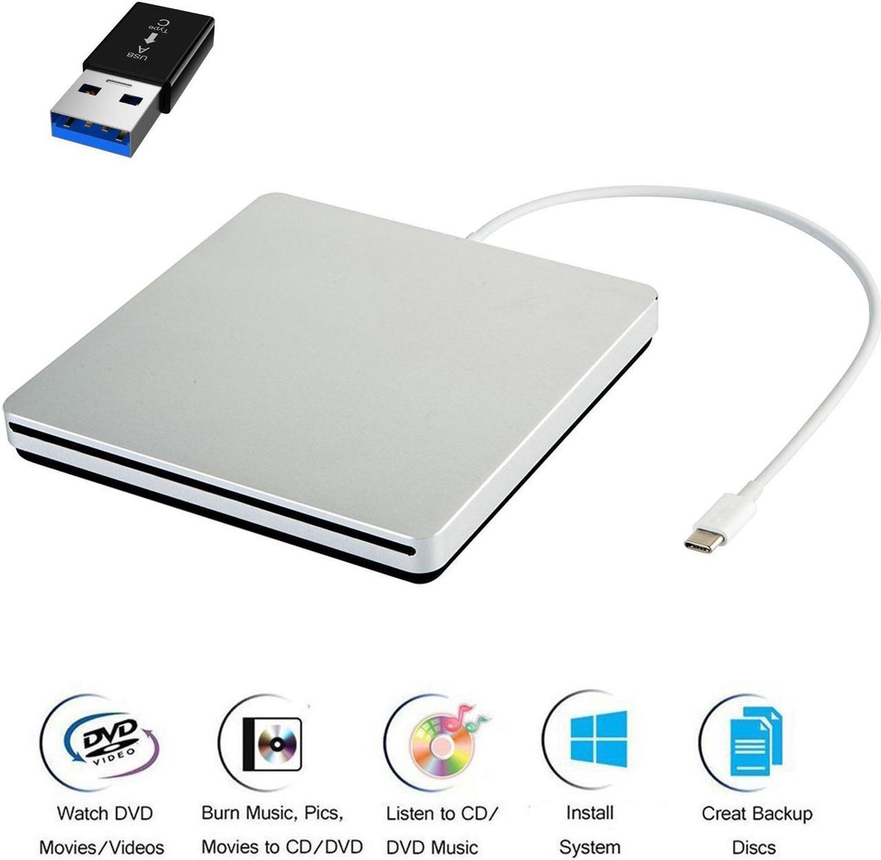 ESTONE XD055 Aluminum External CD DVD Drive USB 3.0 Type-C Portable DVD/CD ROM +/-RW Drive Burner Rewriter for Windows 10 Laptop Desktop PC, MacBook Pro/ Air, iMac Silver