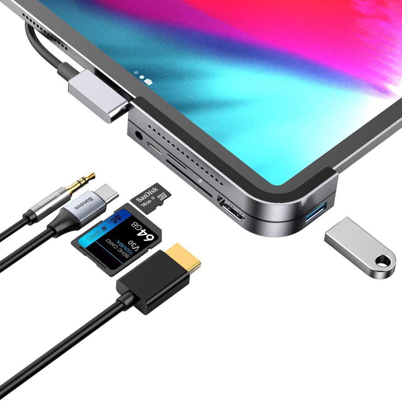 USB C Hub Adapter for iPad Pro 2018 2019 2020 2021 12.9/11 Inch, USBC Smartphone/Tablet, 6-in-1 USB-C Hub Dongle with 4K@30Hz HDMI HDR, USB 3.0, 3.5mm Audio and 60W PD, SD/Micro Card Reader