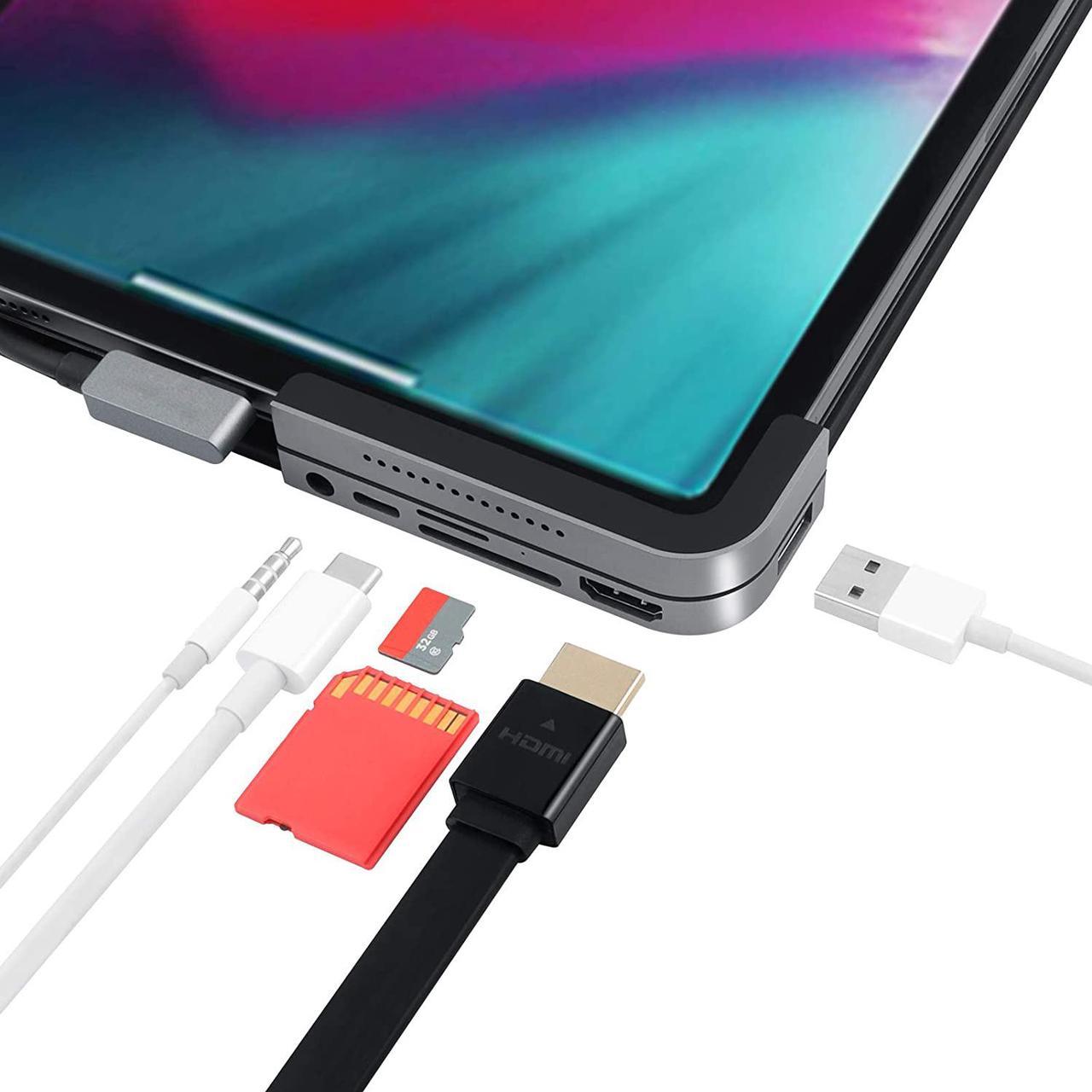 USB C Hub Adapter for 2021 2020 2019 2018 New iPad Pro 11"/12.9", 6-in-1 Mini Type C Hub with USB C to HDMI 4K@30Hz, PD Charging&Data, USB3.0, 3.5mm Headphone Jack,SD/Micro Card Reader