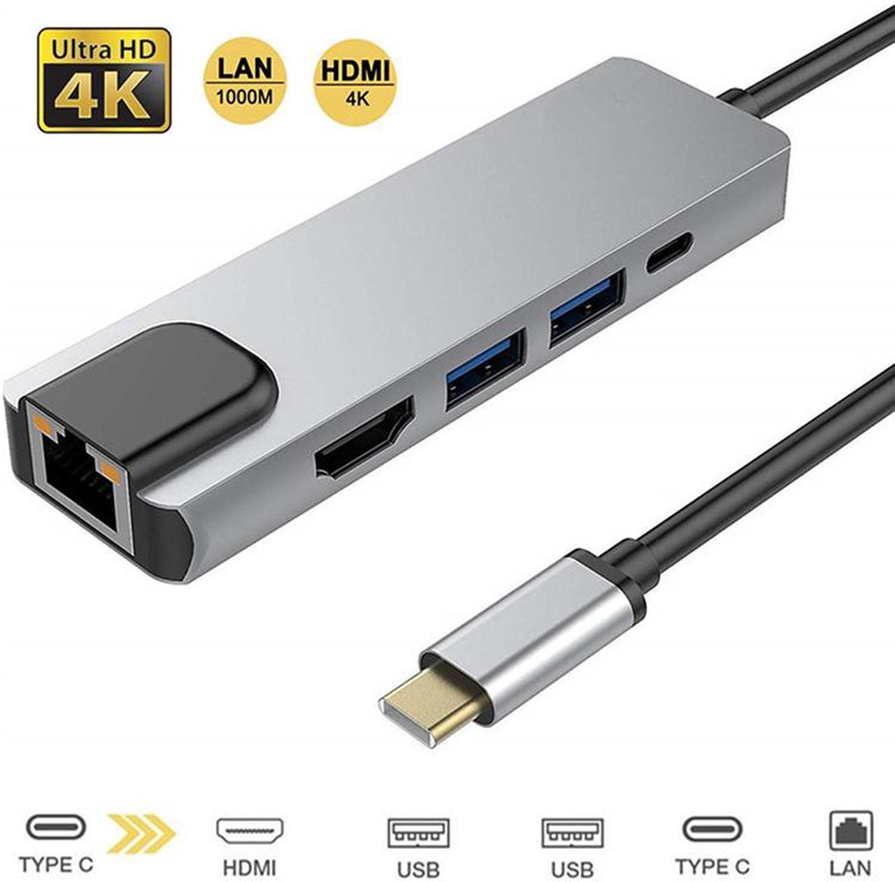 USB C Hub, 5-in-1 USB C Adapter with 4K HDMI, 1Gbps RJ45 Ethernet Port, 2USB 3.0, 100W PD Charging Port for MacBook Pro, ChromeBook Pixel, Dell XPS and Type C Windows Laptops