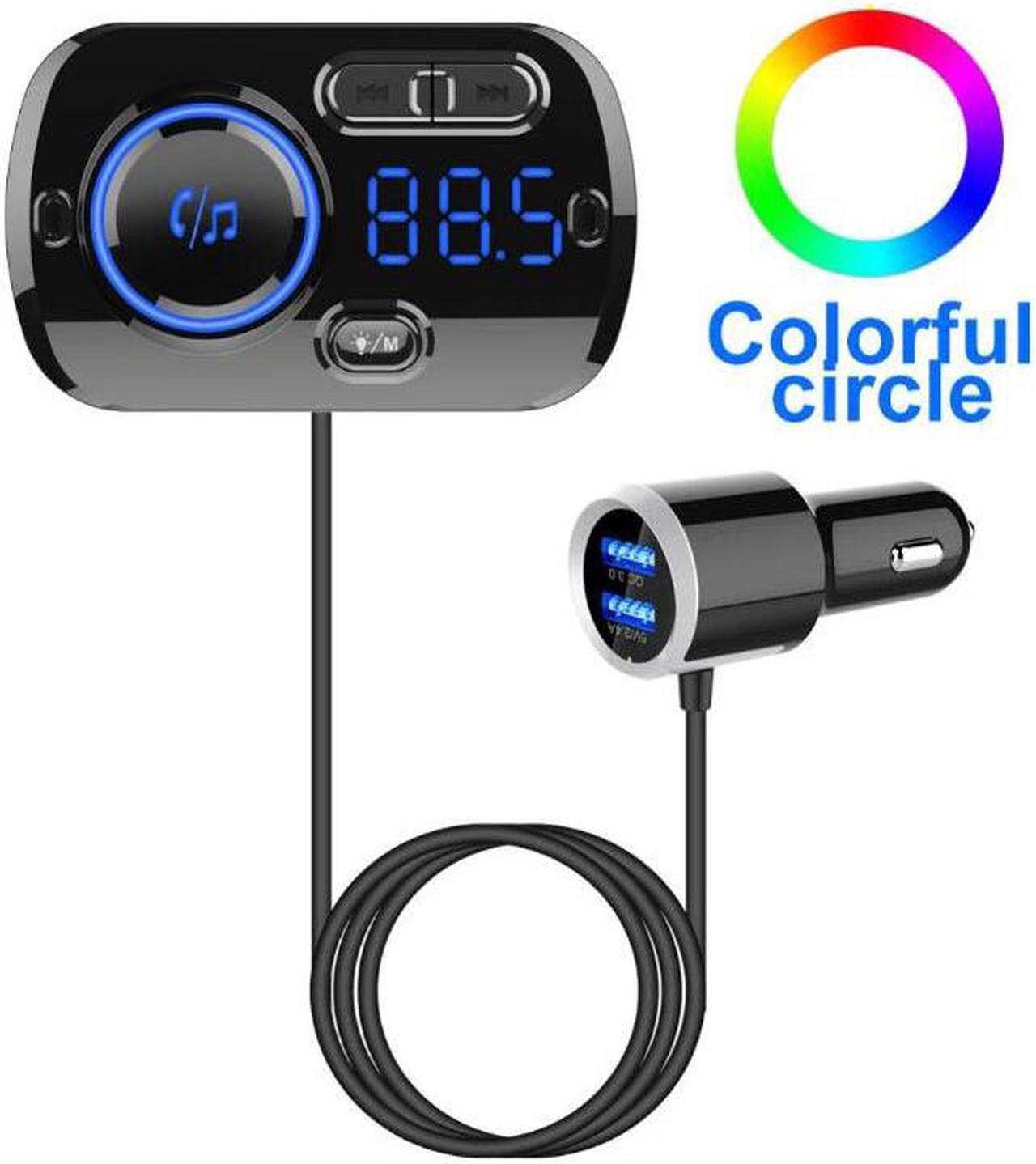 Bluetooth FM Transmitter for Car 5.0 ,Bluetooth Car Adapter with QC3.0 Dual USB Ports, Wireless FM Audio Receiver MP3 Music Player with Hands-free Calls & 7 Colors Backlit Support TF Card