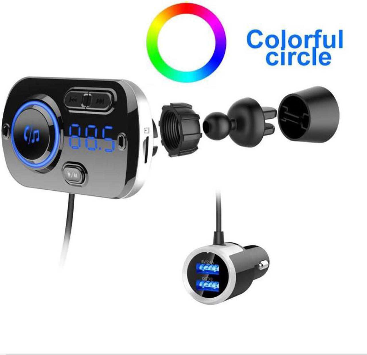 Bluetooth FM Transmitter 5.0, Bluetooth Car Adapter with Dual USB Ports(QC3.0/2.4A), Wireless Bluetooth FM Radio Adapter MP3 Music Player with 7 Colors Support Hands-Free Calls, TF Card AUX