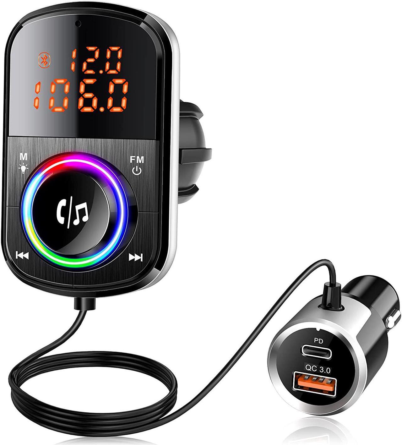 ESTONE (2021 Version) Bluetooth 5.0 FM Transmitter Wireless Radio Adapter Car Kit with QC3.0/18W Faster Charging + USB-C PD Car Charger MP3 Player, LED Backlit, TF Card Support Siri Google Assitant