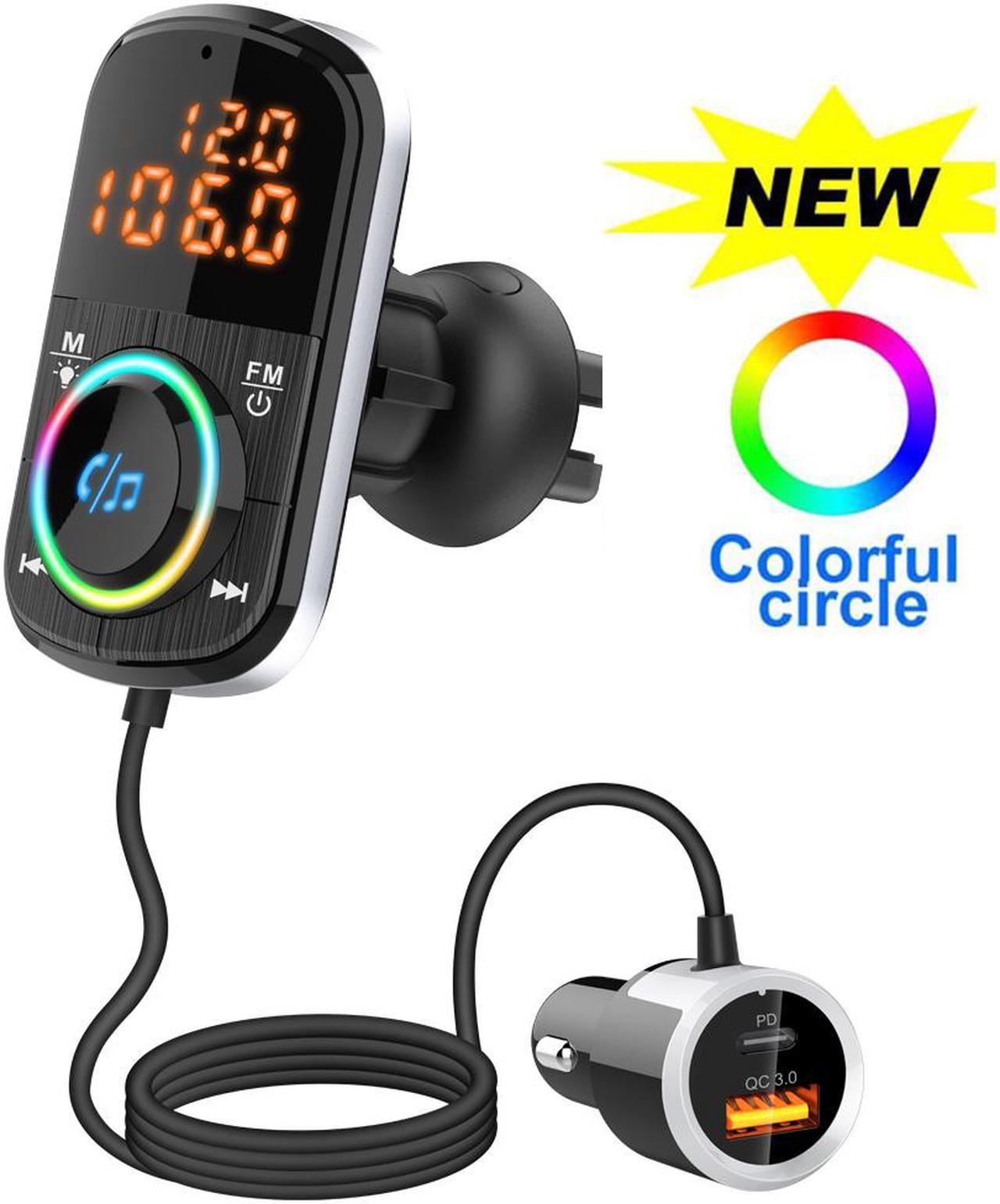 Bluetooth 5.0 FM Transmitter for Car , Car Adapter with QC3.0/18W + USB-C PD, Wireless FM Audio Receiver MP3 Music Player with Hands-free Calls, LED Backlit, Dual Screen LED Display Support TF Card