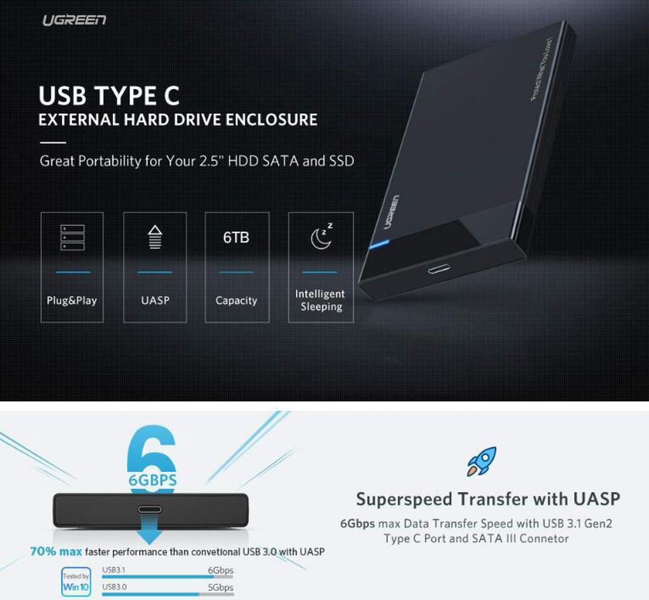 Alt view image 3 of 7 - ESTONE USB-C 3.1 Gen2 HDD Enclosure SATA to USB-C HDD Case 5Gbps 6TB External Hard Drive Enclosure Compatible with 2.5 Inch 7~9.5mm HDD SSD