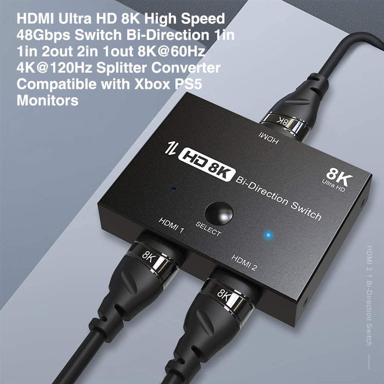 New 8K Switcher Bi-Direction, HDMI 2.1 Switch Splitter KVM 2 in1 Out & 1 in 2 Out Ultra HD 8K@60Hz 4K@120Hz High Speed 48Gbps Switch Adapter with Switch Button for Computer Laptop