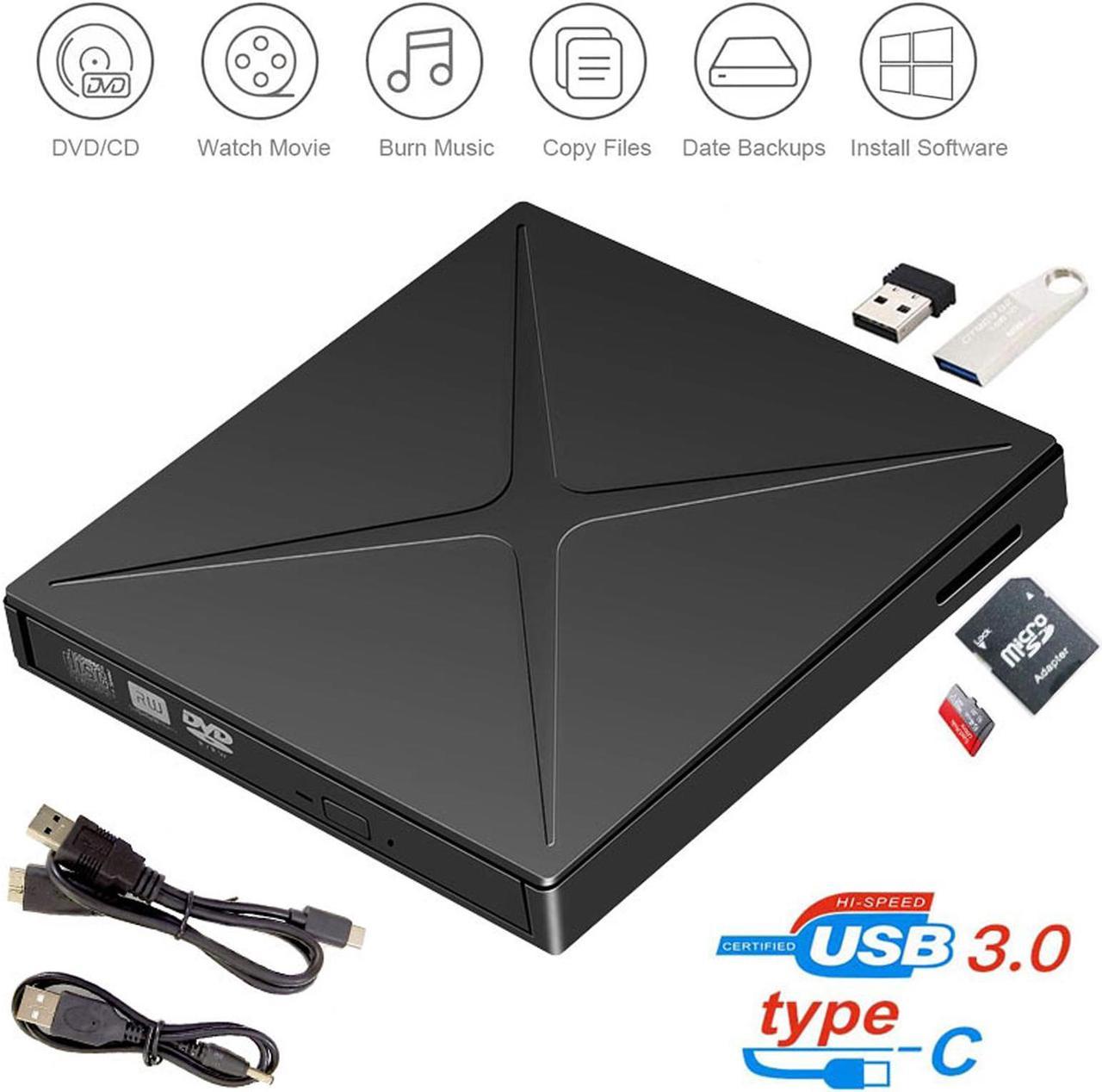 ESTONE External CD DVD Drive USB 3.0 Type-C Portable DVD/CD ROM +/-RW Drive Burner Rewriter Support SD cards Reader for Windows 10 Laptop Desktop PC, MacBook Pro/ Air, iMac