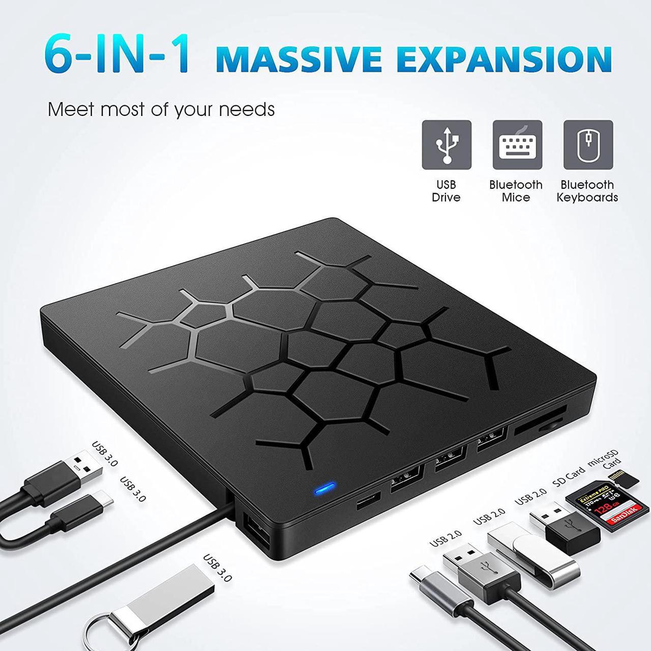 7 -in-1 USB3.0 with Type-C adapter Superdrive External DVD/CD Reader and DVD/CD Burner with 4 USB Ports and 2 SD Card Slots for Apple-MacBook Air/Pro/iMac/Mini/MacBook Pro/ASUS/ASUS/DELL Plug and Play