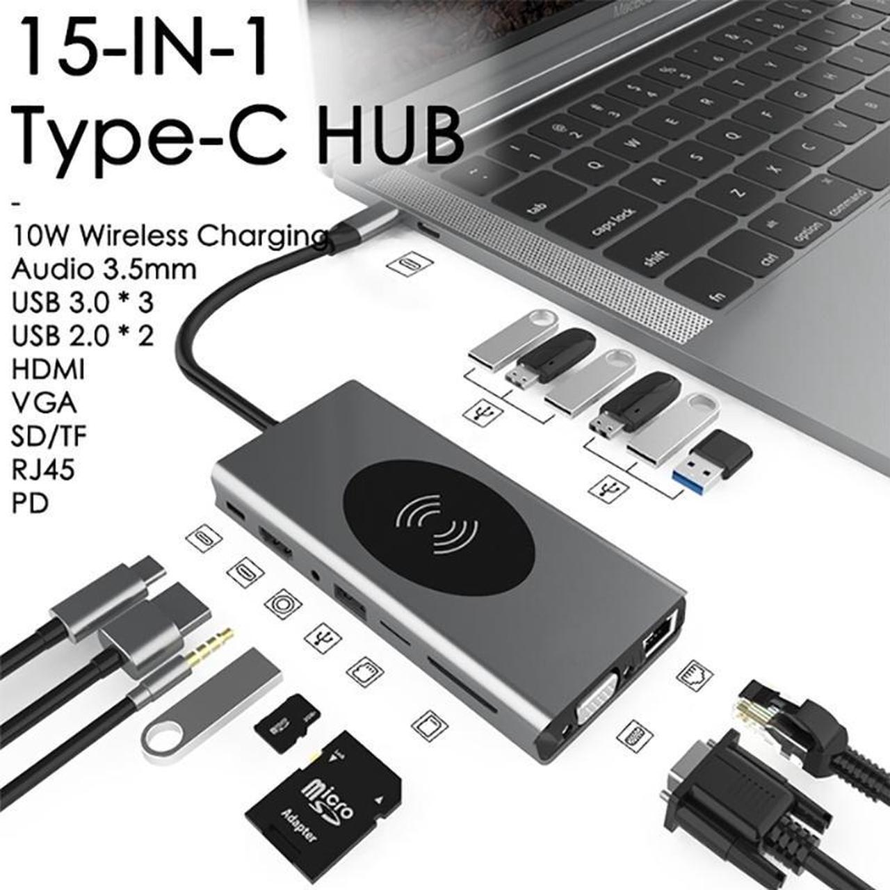 USB C Hub, 15 in 1 USB C to HDMI Adapter with Ethernet, 4K HDMI, 1080P VGA, 3 USB 3.0,4 USB 2.0,Wireless Charging, 2 SD/TF Card Reader,87W Pd Charging,3.5mm Jack hole  Compatible for MacBook Pro