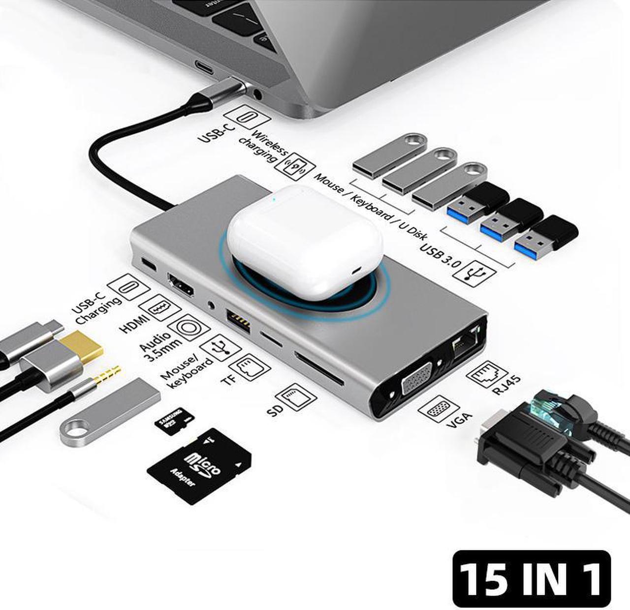 Dual Display 15 in 1 USB C Hub with VGA HDMI & DP, PD3.0, Ethernet, SD TF Card Reader, 7 USB Port, Mic/Audio,Ethernet,Wireless Charging Type C Adapter Docking Station Compatible for MacBook Air Pro