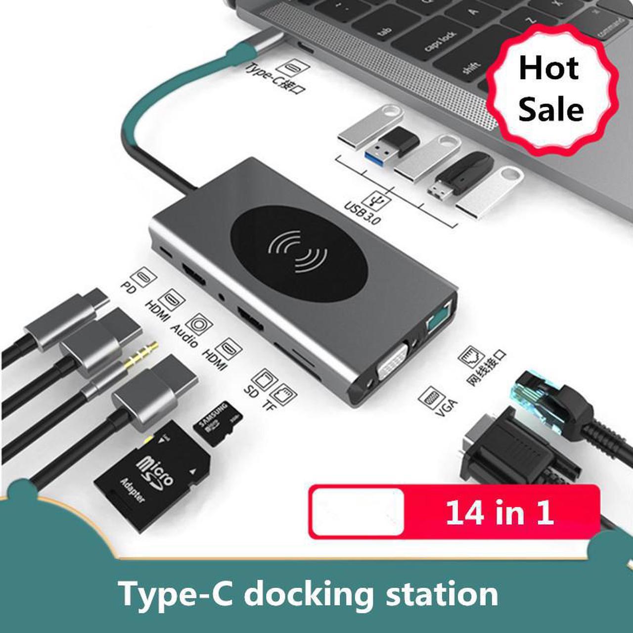 Docking Station Multiport Adapter - 14 in 1 Portable Space Aluminum Dongle with Ethernet, 4K Dual HDMI, 1080P VGA, 5 USB 3.0,2 SD/TF Card Reader,100W Pd Charging,3.5 Jack hole,Wireless Charging