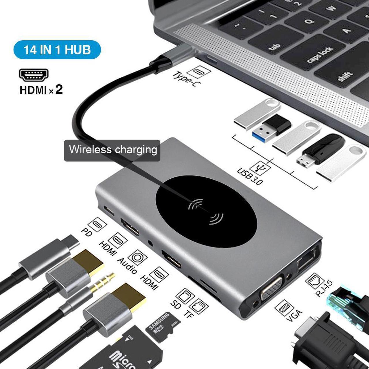 Display 14 in 1 USB C Hub with VGA Dual HDMI & DP, PD3.0, Ethernet, SD TF Card Reader, 5xUSB3.0 Port, Mic/Audio,Wireless Charging Type C Adapter Docking Station Compatible for MacBook Air Pro and More