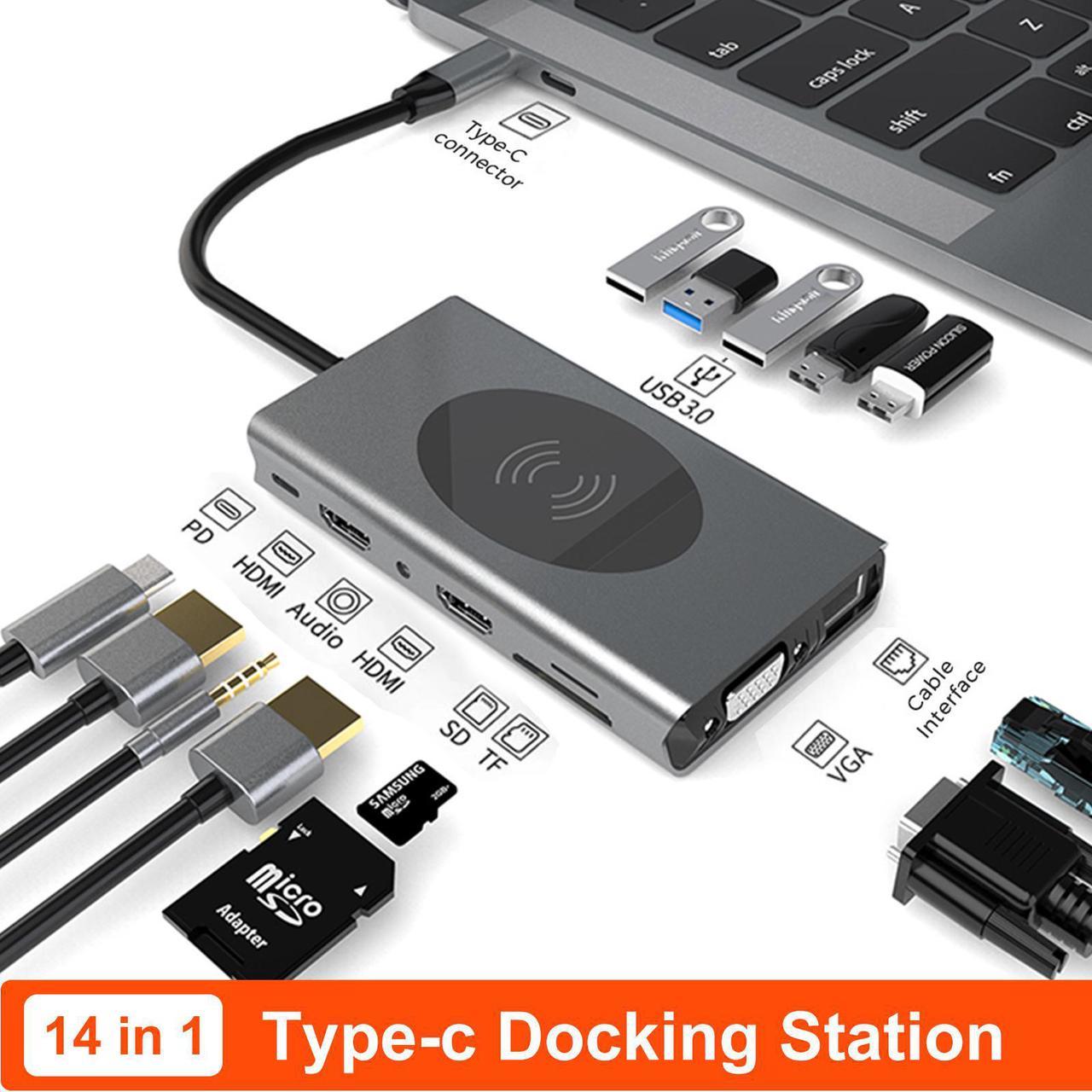 USB C Hub, Multiport Adapter USB C Dongle for MacBook Pro, 14 in 1 USB C to Dual HDMI Adapter with Ethernet VGA PD Port 5xUSB3.0 SD/TF Card Reader Wireless Charging and 3.5mm Audio for Type C Laptops