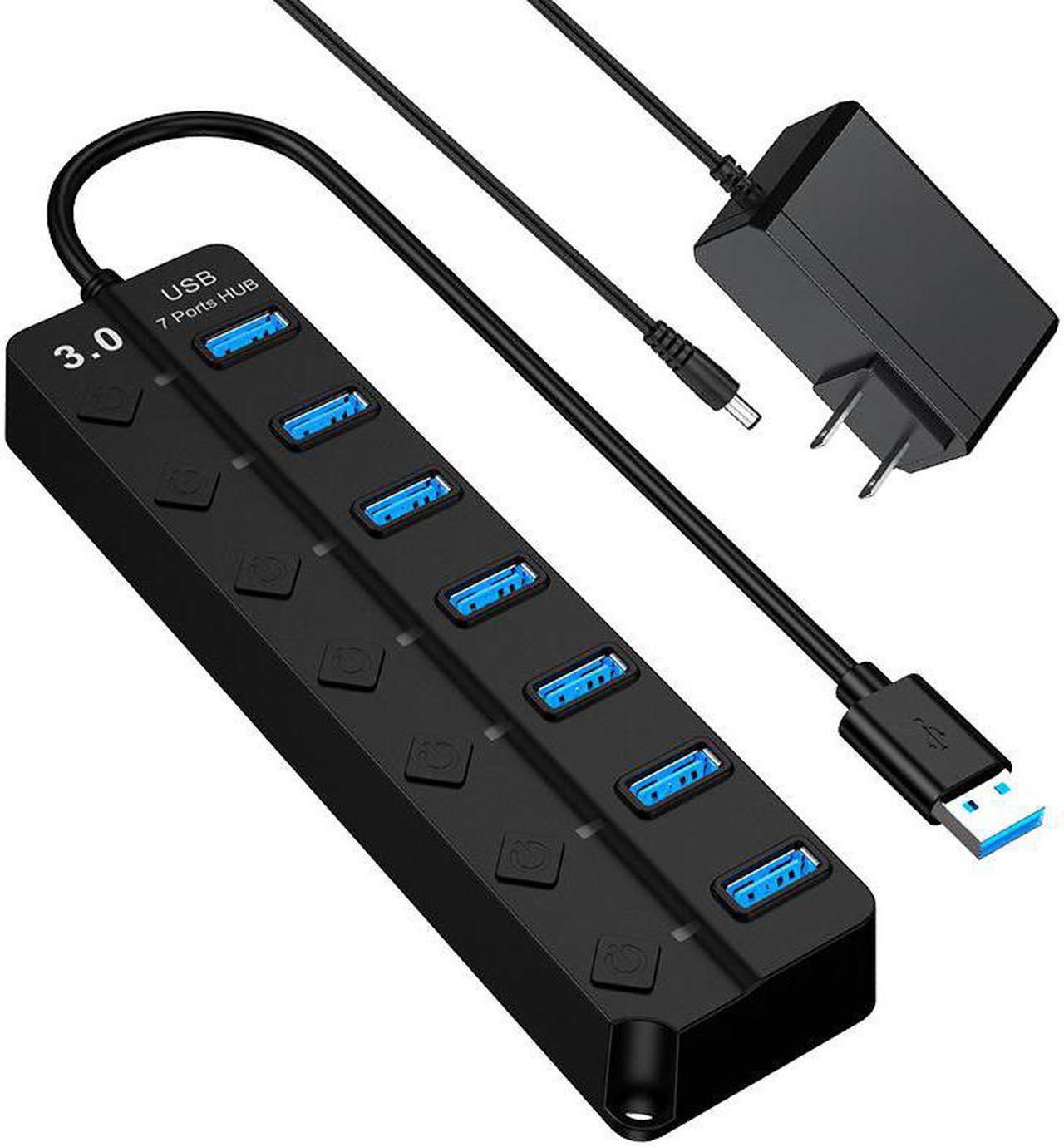 Powered USB 3.0 Multiport Hub, 7-Port Data Splitter with 5V DC Power Adapter, Individual On/Off Switches for MacBook, Mac Pro/Mini, Surface, Chromebook, More (Black, 7IN1HUB))