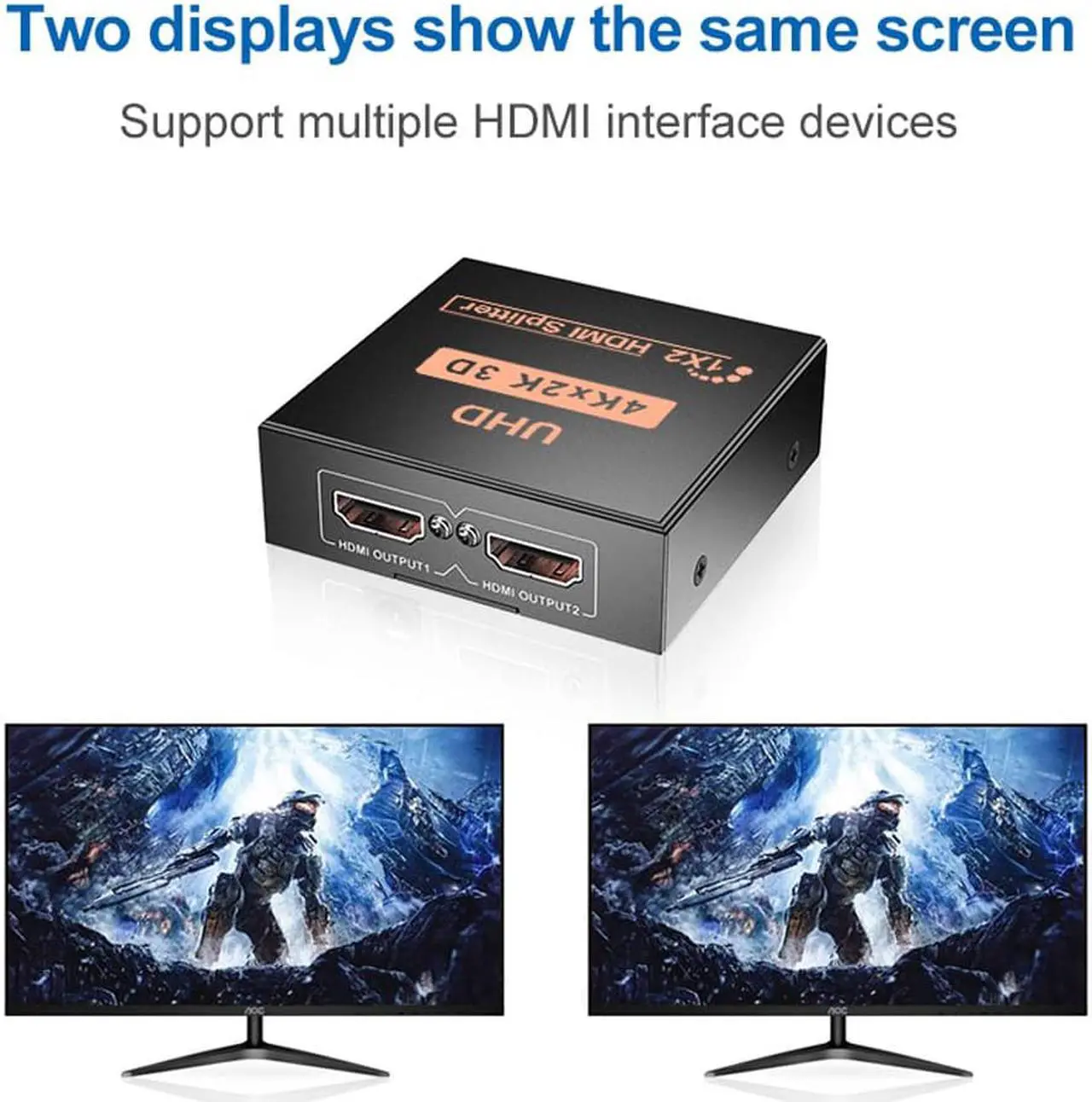 Alt view image 5 of 7 - 4K HDMI Splitter Adapter 2 Port Splitter, ESTONE 1 In 2 Out HDMI Female To HDMI Female 1 To 2 Way For Xbox PS4 DVD HDTV PC Laptop