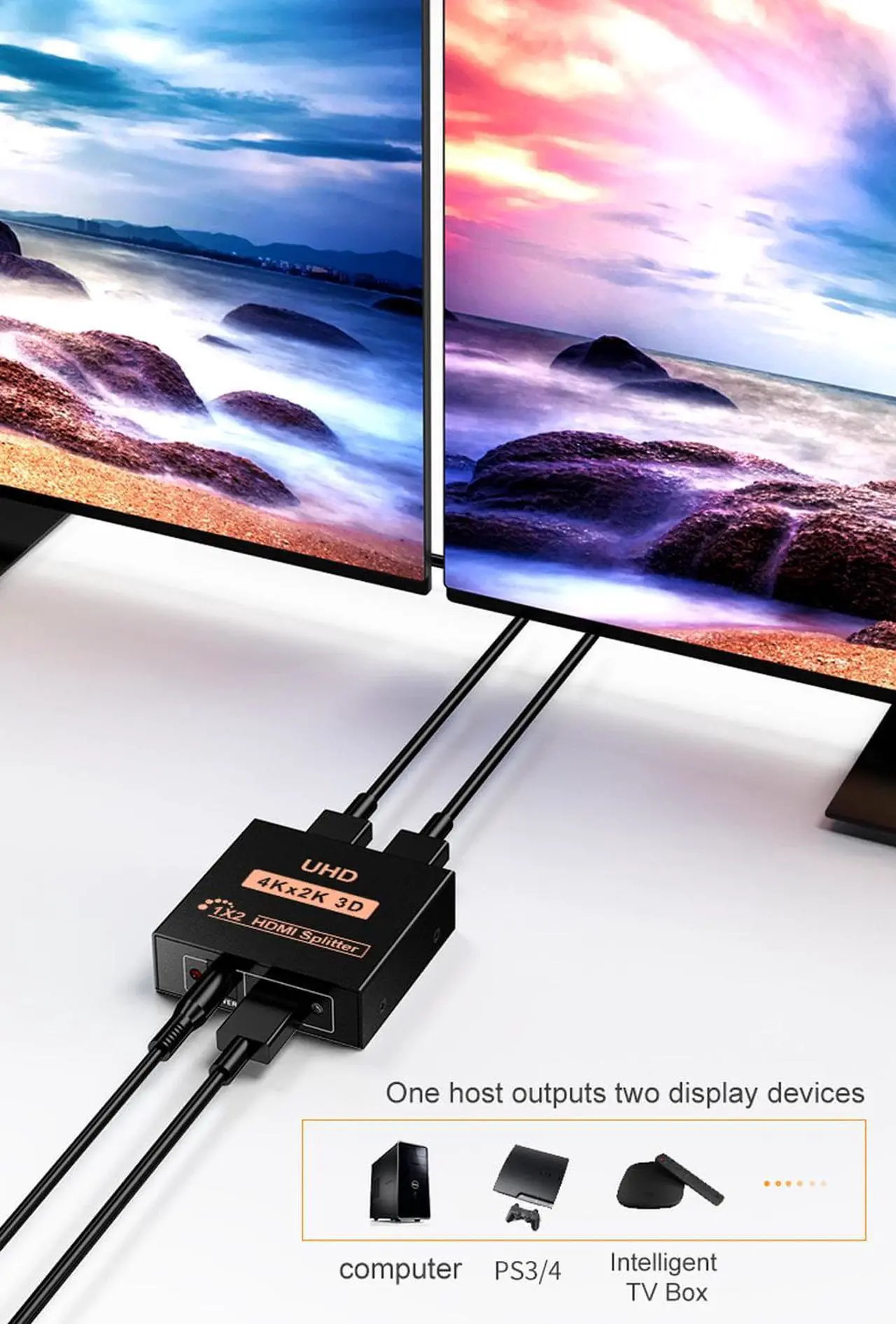 Alt view image 4 of 7 - 4K HDMI Splitter Adapter 2 Port Splitter, ESTONE 1 In 2 Out HDMI Female To HDMI Female 1 To 2 Way For Xbox PS4 DVD HDTV PC Laptop