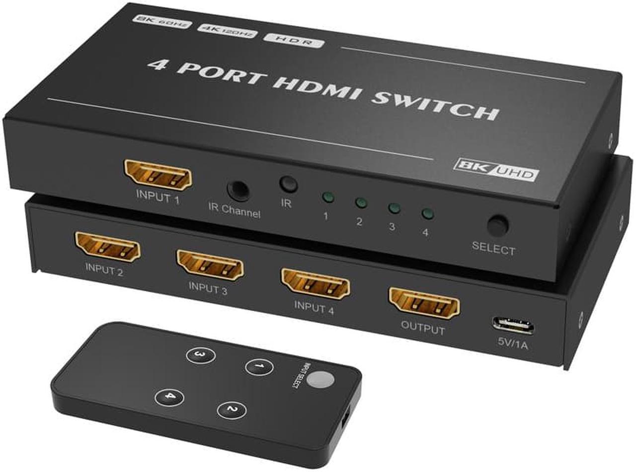 HDMI 2.1 Directional Switch with Remote Control, Ultra HD 8K High Speed 48Gbps Only 4in 1out 8K@60Hz 4K@120Hz Converter Compatible with Xbox PS5 Projectors Monitors (8k hdmi 2.1 Switch)