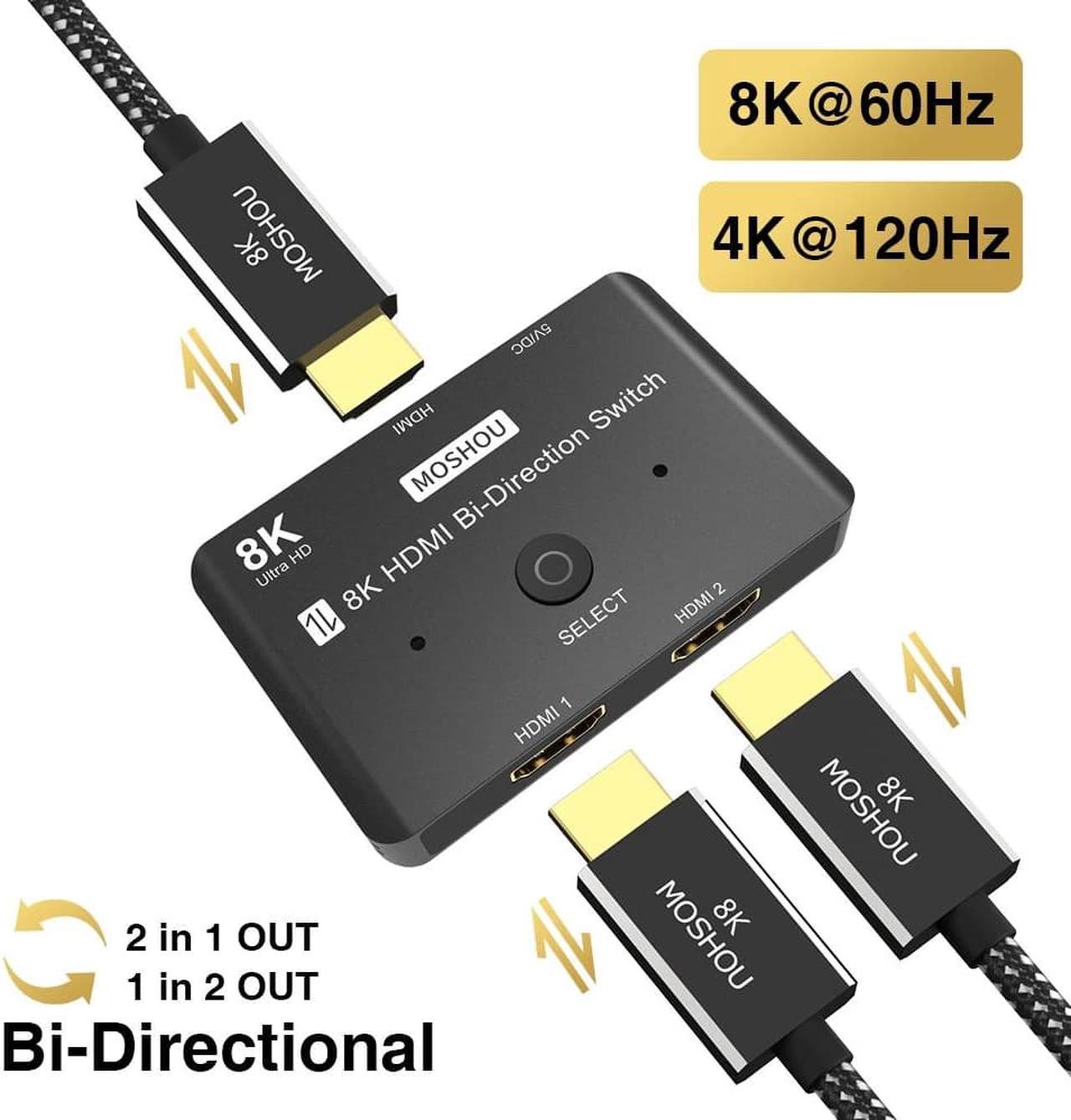 ESTONE HDMI 2.1 Ultra HD 8K High Speed 48Gbps Bi-Directional Switch 2 in 1 Out or 1 in 2 Out 8K@60Hz 4K@120Hz Converter Compatible with Xbox PS5 Projectors Monitors