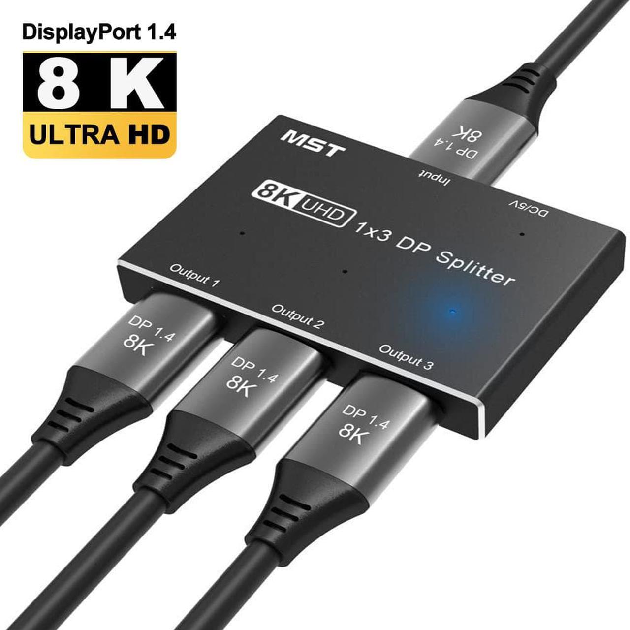 8K DisplayPort Splitter 1 in 3 Out 8K@30Hz 4K@144Hz DP 1.4 Splitter Triple MST SST Adapter for DP Ultra HD Source to 3 Displays