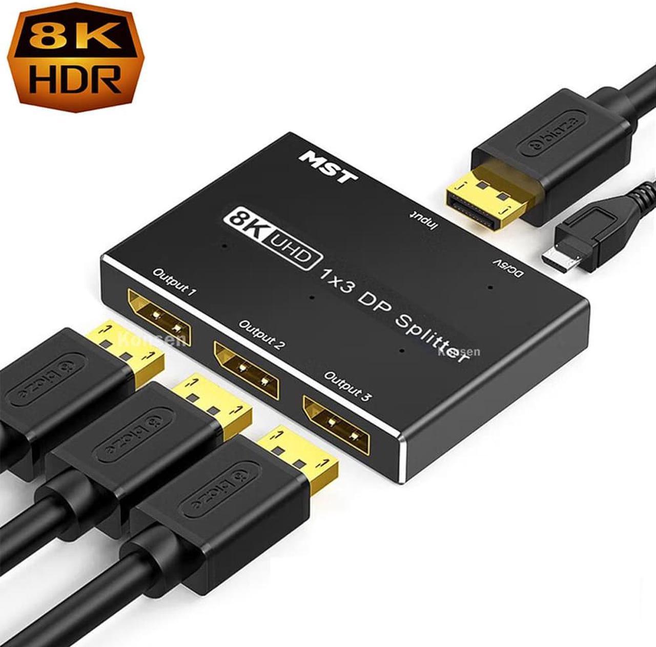 8k DisplayPort Splitter 1 in 3 Out 8K@30Hz 4K@144Hz DP 1.4 Splitter Triple MST SST Hub Adapter 1x3 Port for 1 DisplayPort Ultra HD Source to 3 HD Display Port