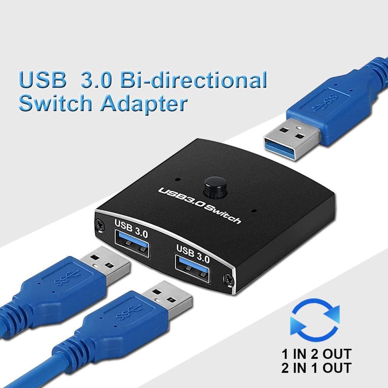 USB 3.0 Switch Selector, Bi-Directional USB Switch 2 in 1 Out / 1 in 2 Out, ESTONE USB Switcher for 2 Computers Share Keyboard Mouse Scanner Printer, 2 USB3.0 Cables Included