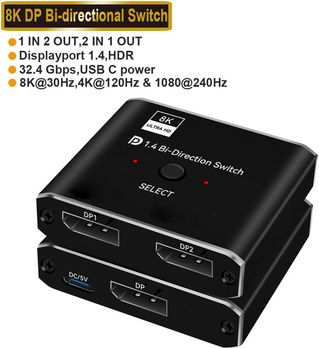 ESTONE DisplayPort Switch 8K Splitter Bidirectional DP 1.4 Switcher 2 in 1 Out/1 in 2 Out Supports 8K@30Hz 4K@120Hz Compatible with PC Host Monitor Laptop etc (OZQD)