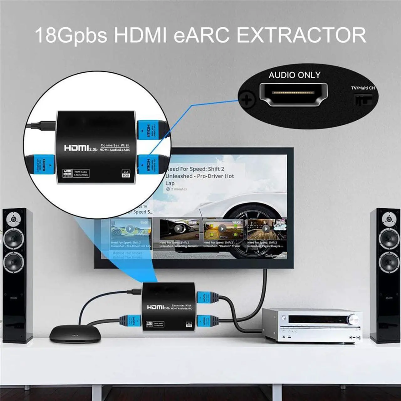 Alt view image 4 of 7 - ESTONE 4K 60Hz HDMI eARC Audio Extractor Splitter, HDMI to HDMI + 7.1Ch HDMI Audio, Support HDMI 2.0 HDCP 2.2, LPCM7.1 HDR10+ DobIy Vision for PS5 Soundbar Blu-Ray Player