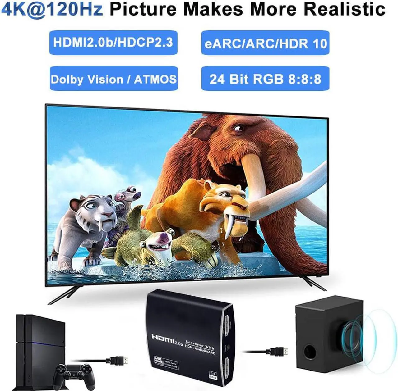 Alt view image 5 of 7 - ESTONE 4K 60Hz HDMI eARC Audio Extractor Splitter, HDMI to HDMI + 7.1Ch HDMI Audio, Support HDMI 2.0 HDCP 2.2, LPCM7.1 HDR10+ DobIy Vision for PS5 Soundbar Blu-Ray Player