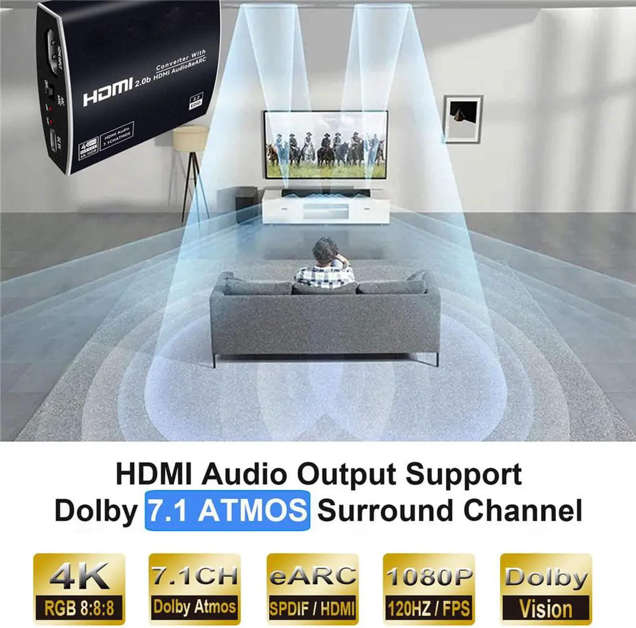 Alt view image 6 of 7 - ESTONE 4K 60Hz HDMI eARC Audio Extractor Splitter, HDMI to HDMI + 7.1Ch HDMI Audio, Support HDMI 2.0 HDCP 2.2, LPCM7.1 HDR10+ DobIy Vision for PS5 Soundbar Blu-Ray Player