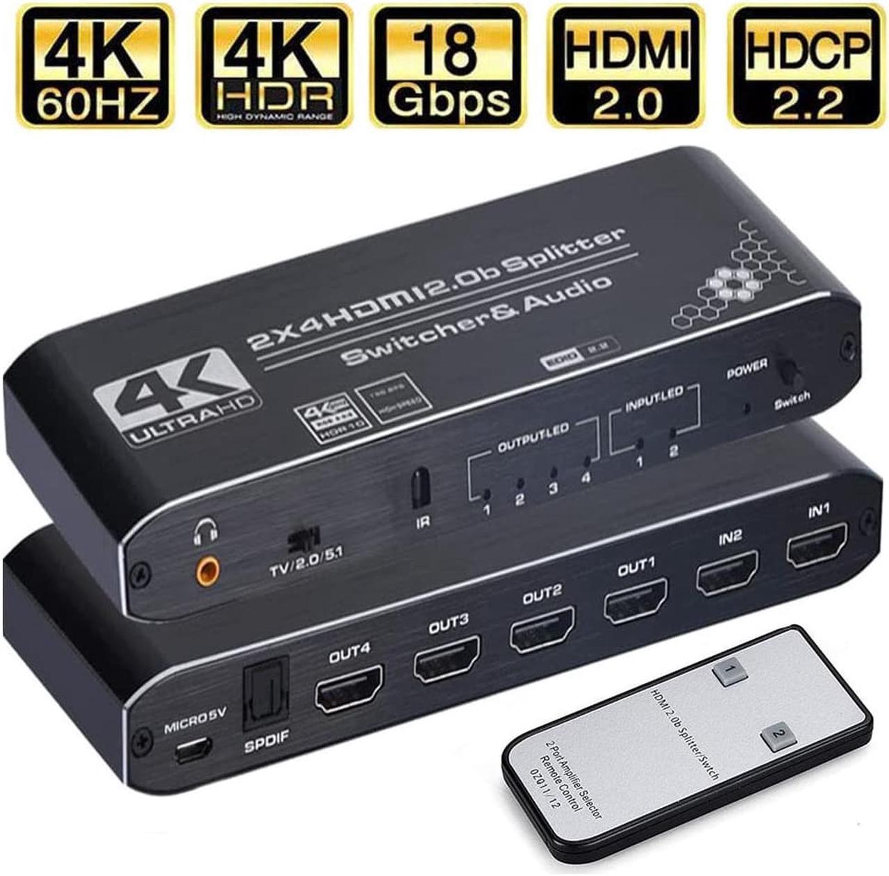 HDMI Switch Splitter 2x4 with Audio Extractor, 4K@60Hz Ultra HD HDMI Switcher with Optical TOSLINK SPDIF, 3.5mm Audio Support HDCP 2.2, HDMI2.0b, 4K@60HZ, RGB4:4:4, 4K HDR , Remote Control