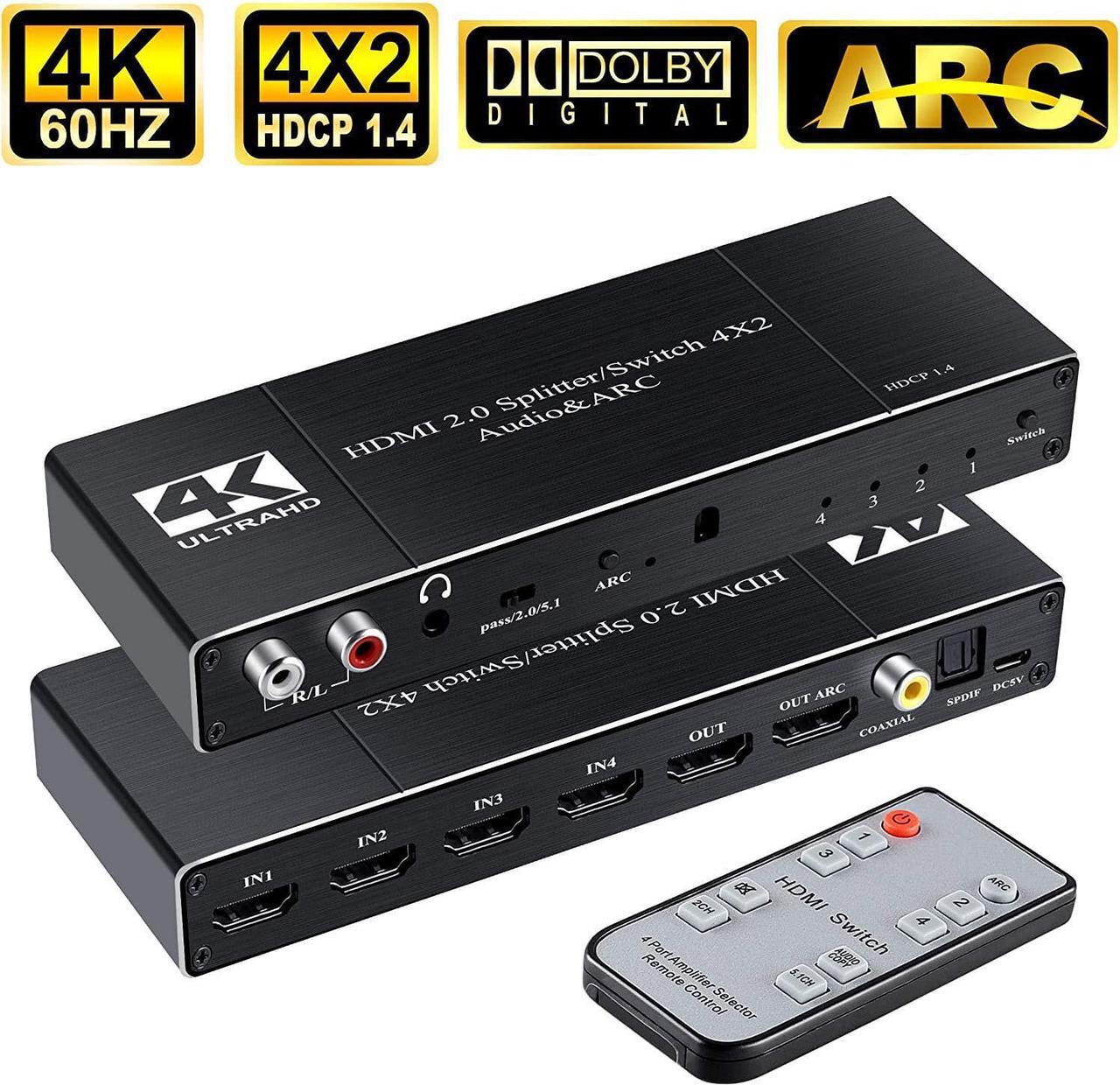 4 in 2 Out HDMI Switch with Optical & 3.5mm AUX & Coaxial & SPDIF Audio Out,  HDMI 2.0 4K@60Hz HDMI 2.0b Audio Extractor Splitter with Remote, Support ARC, HDR, HDCP 2.2, 6Gbps, Dolby