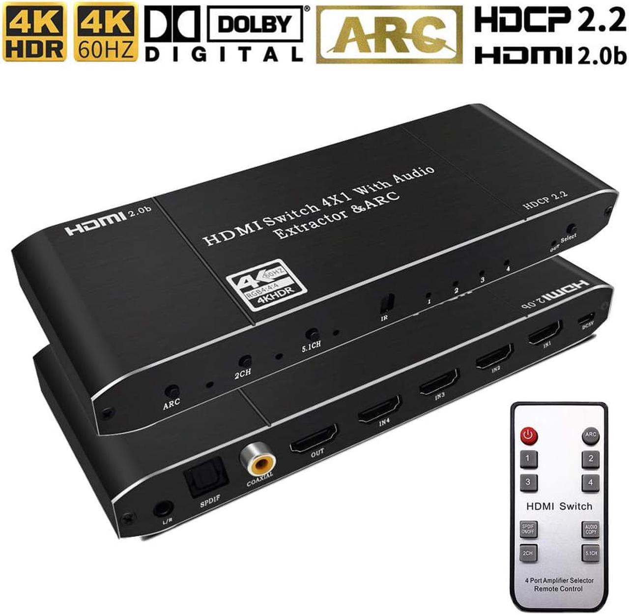 HDMI Switch with Audio Extractor 4K 60Hz Optical + 3.5mm AUX +  Coaxial Output, HDMI Switcher 4 in 1 Out HDMI Audio Splitter Converter IR Remote Support ARC HDCP2.2 1080P 3D Dobly Atmos,EDID,HDR10