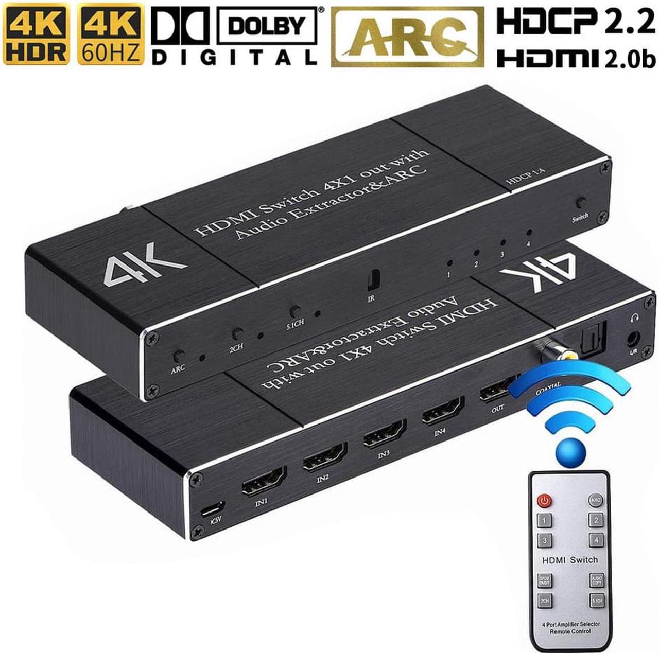 4K@60hz HDMI Switch 4 in 1 Out 4 Ports HDMI Switch HDMI Audio Extractor with IR Remote Support HDMI to Toslink SPDIF Coaxial 3.5mm Audio Out HDMI 2.0b HDCP 2.2 3D for fire Stick PS3 PS4, OZQ7