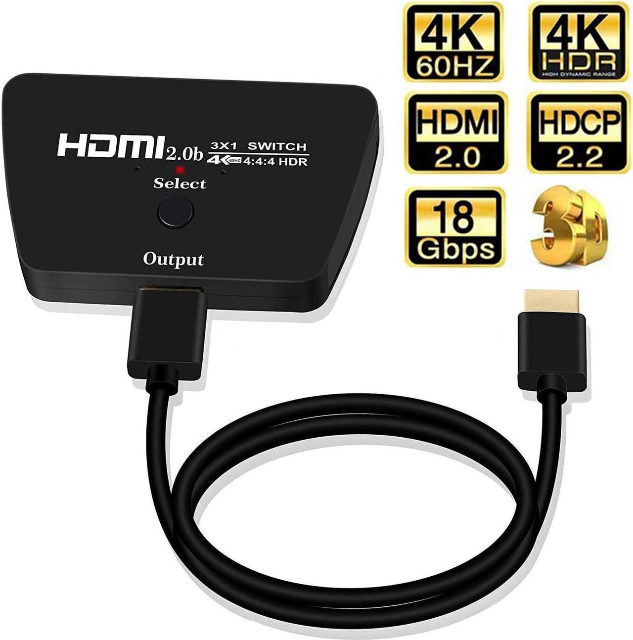 HDMI Switch 4K@60HzUpgraded3 in 1 Out HDMI Splitter, 3 Port Hdmi Switcher Box Supports Full HD 4K 1080P 3D,Multi Port HDMI Switcher Selector 2.0 HDMI Switch for Xbox PS3 4 5 TV Gaming Mac Roku