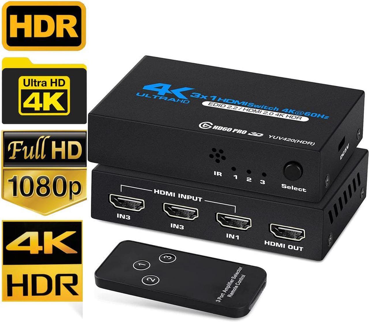 ESTONE HDMI Switch 3 in 1 Out,  3x1 Power HDMI Switch 3 Ports w/Remote Control, 4Kx2K@60Hz 3D Full HD Distributor for PS4 Fire Stick HDTV, OZQ2-1