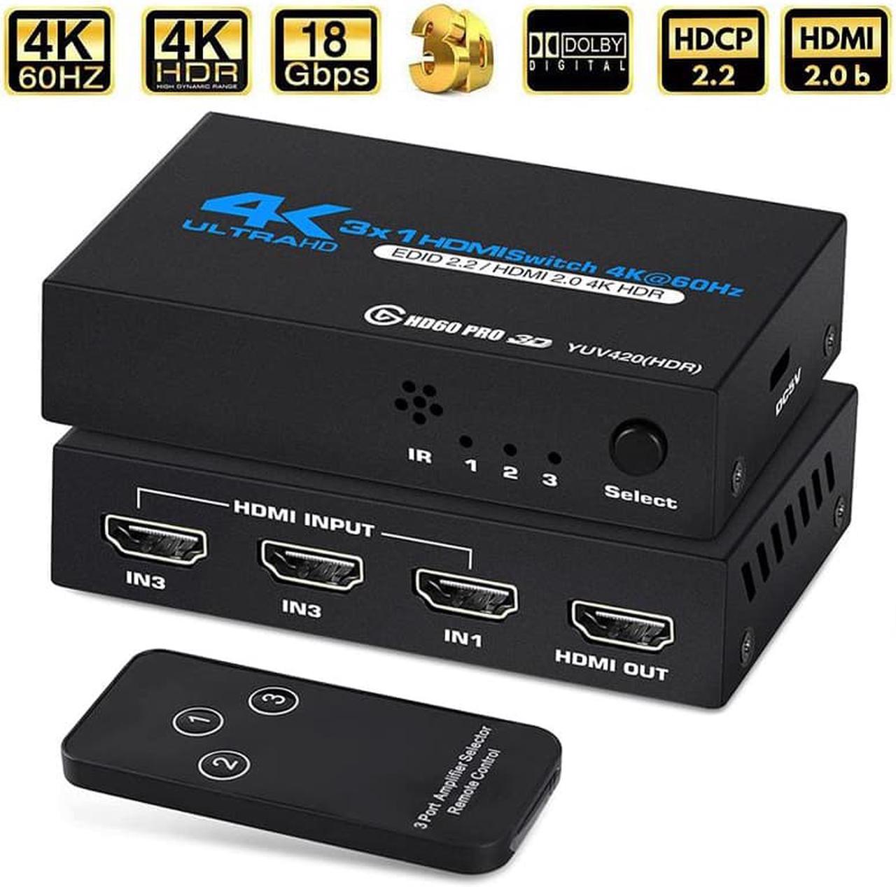 ESTONE 4K HDMI Switch 3x1, 3 Port HDMI Selector Switcher 3 in 1 Out with IR Remote Control Support 4K@60Hz, 4Kx2K, HDR, HDMI 2.0b, HDCP 2.2, 3D, 1080P (OZQ2-1)