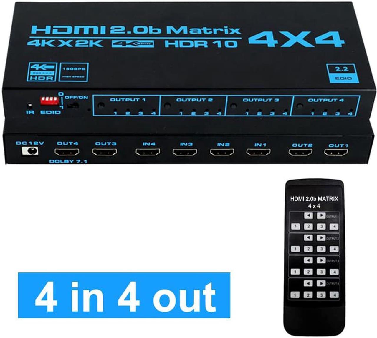 HDMI Matrix 4x4 , 4K HDMI Matrix Switch 4 in 4 Out Switcher Splitter Box with EDID Extractor and IR Remote Control, Support Ultra 4K HDR,3840*2160/60Hz, YUV4:4:4, 3D, 1080PHDMI 2.0b, HDCP 2.2