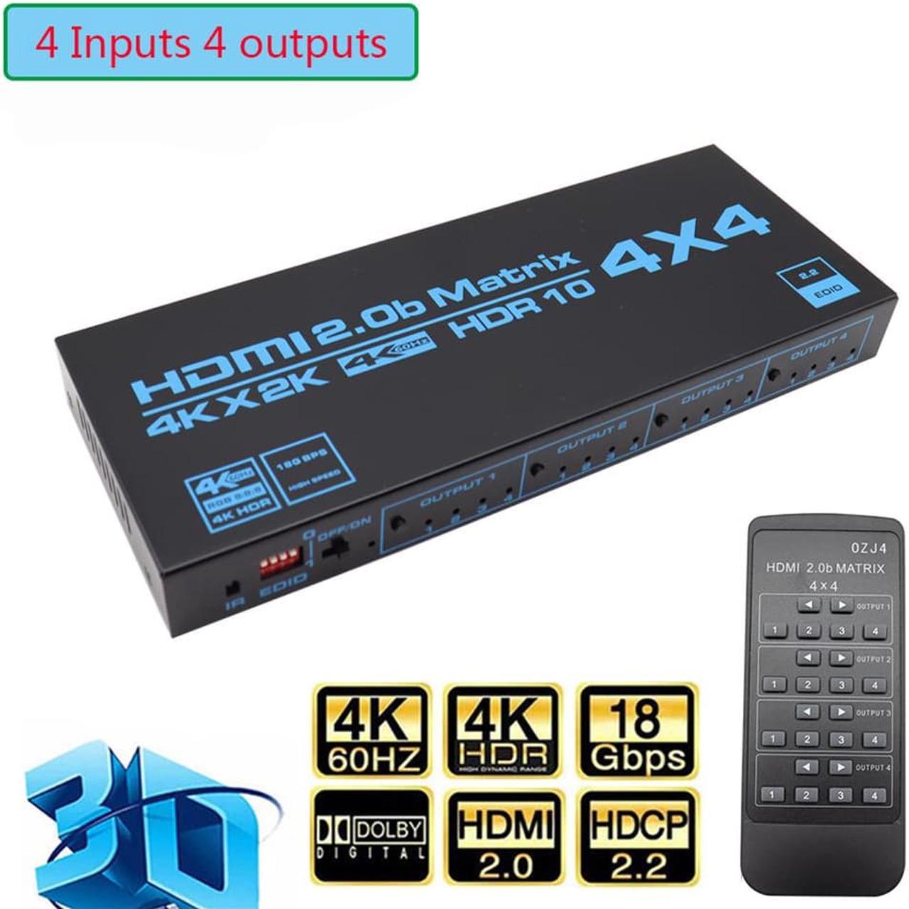 4K HDMI Matrix Switch 4 X 4 ,4 in 4 Out Video Switcher Splitter,Support EDID Extractor with IR Remote Controller,Support 4K@60Hz 3D 18.5Gbps, HDMI 2.0b, HDCP 2.2,HDR10